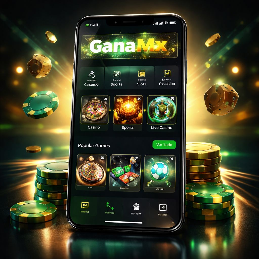 Aplicación móvil GanaMx en un smartphone con interfaz de casino y apuestas