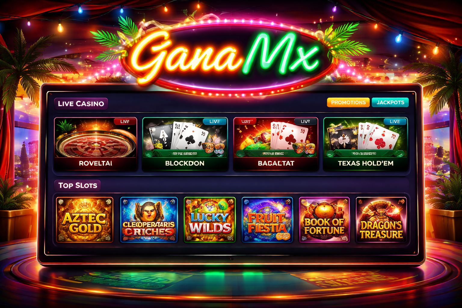 Página principal de casino GanaMx con juegos en vivo y tragamonedas para México