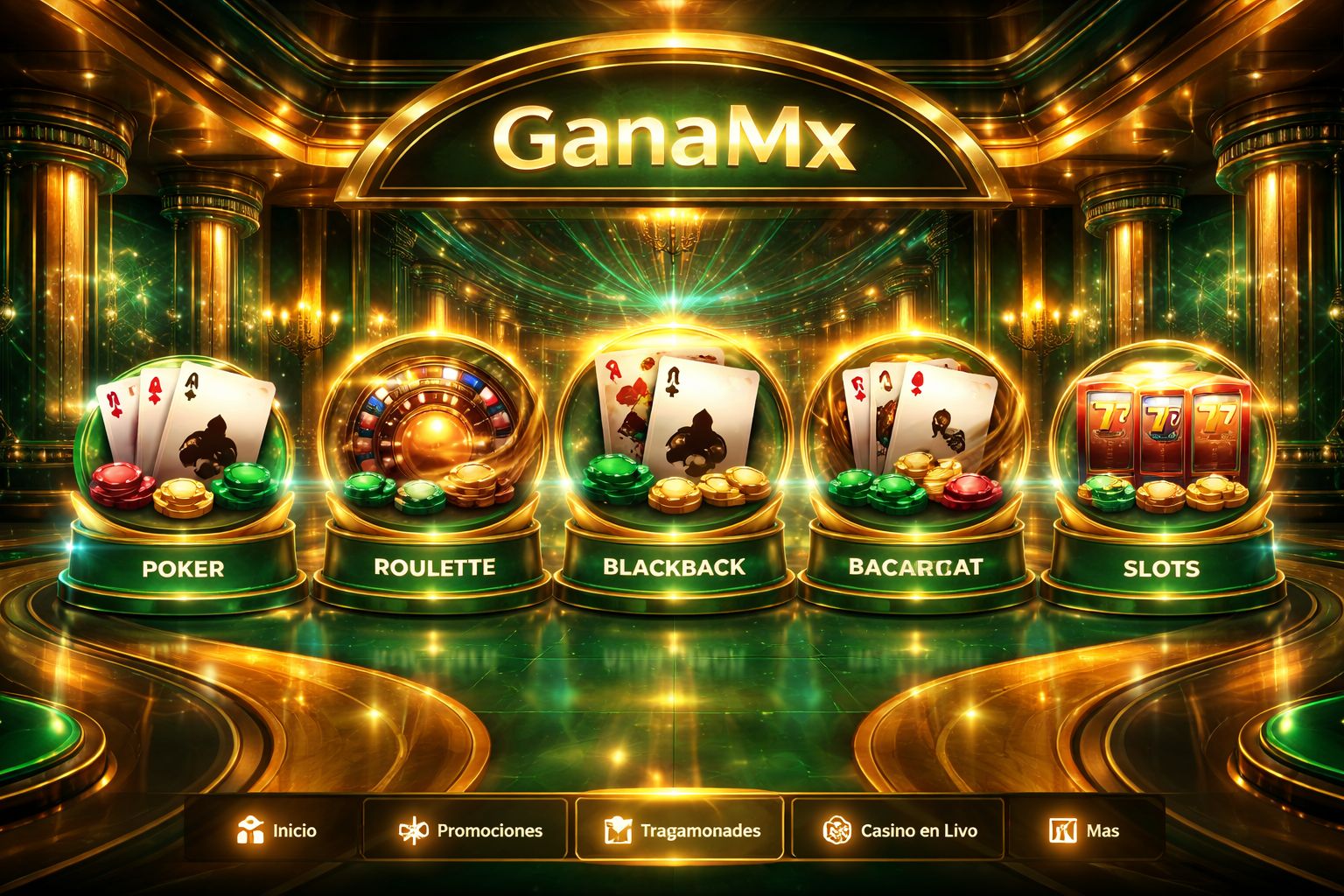 Vestíbulo de casino en línea GanaMx diseñado para jugadores en México