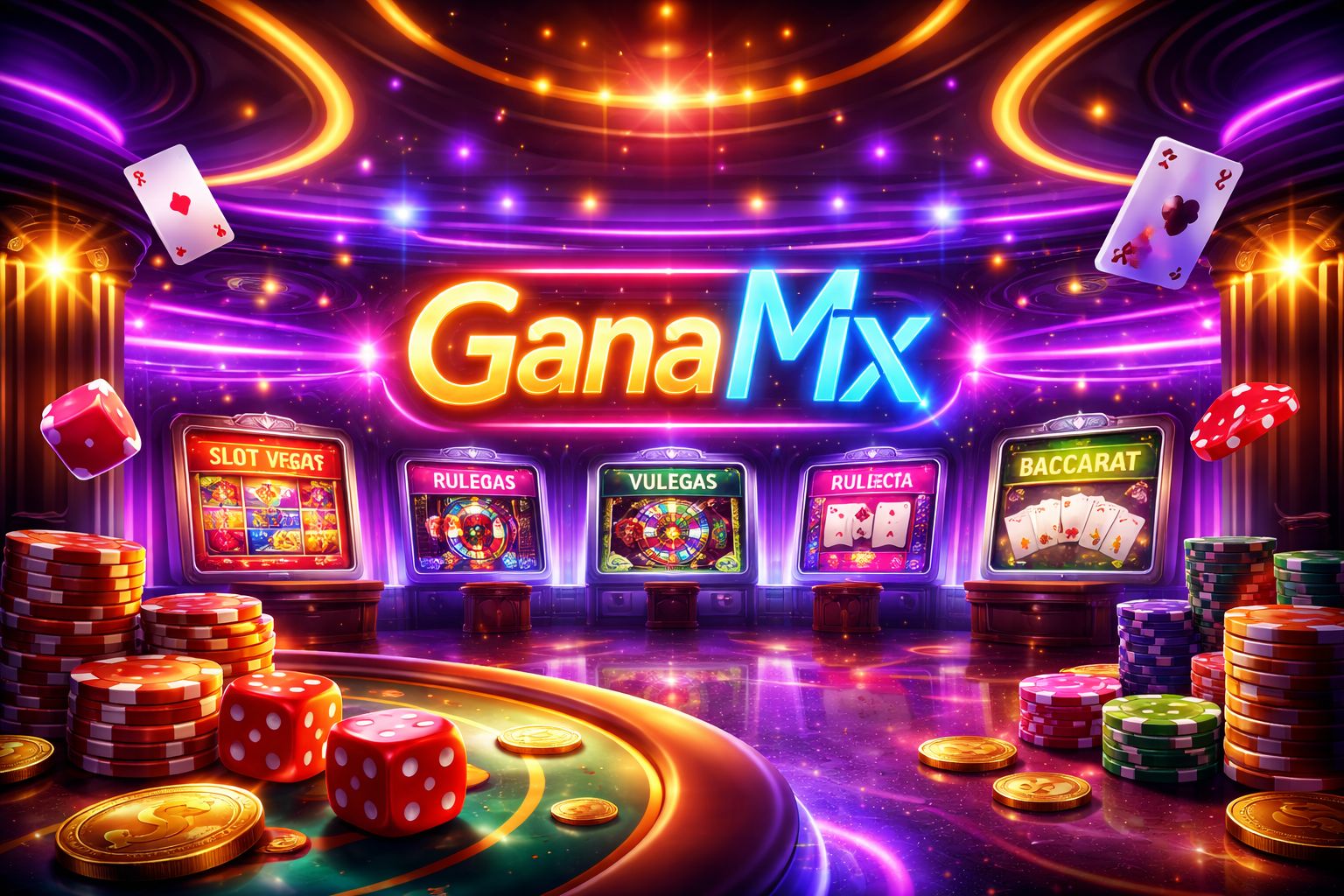 Un vestíbulo digital vibrante de casino con GanaMx mostrado en un letrero brillante, rodeado de cartas, fichas e íconos de juegos.