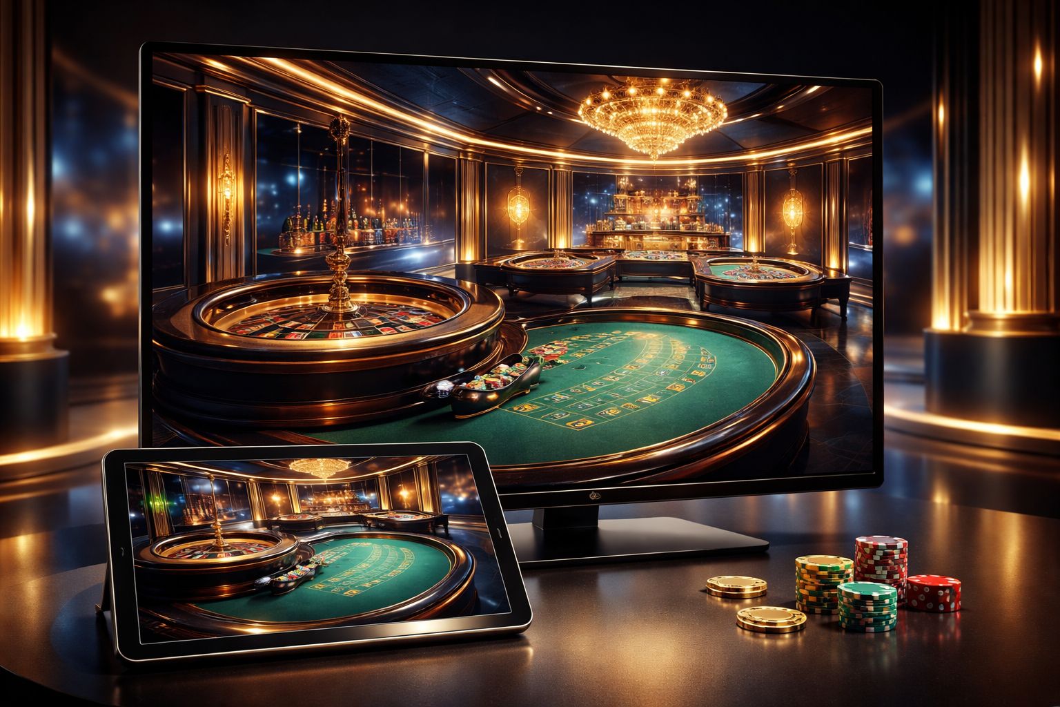 Un estudio elegante de crupier en vivo mostrado en la pantalla de una tableta con mesas de ruleta y blackjack en un entorno premium de casino en línea.