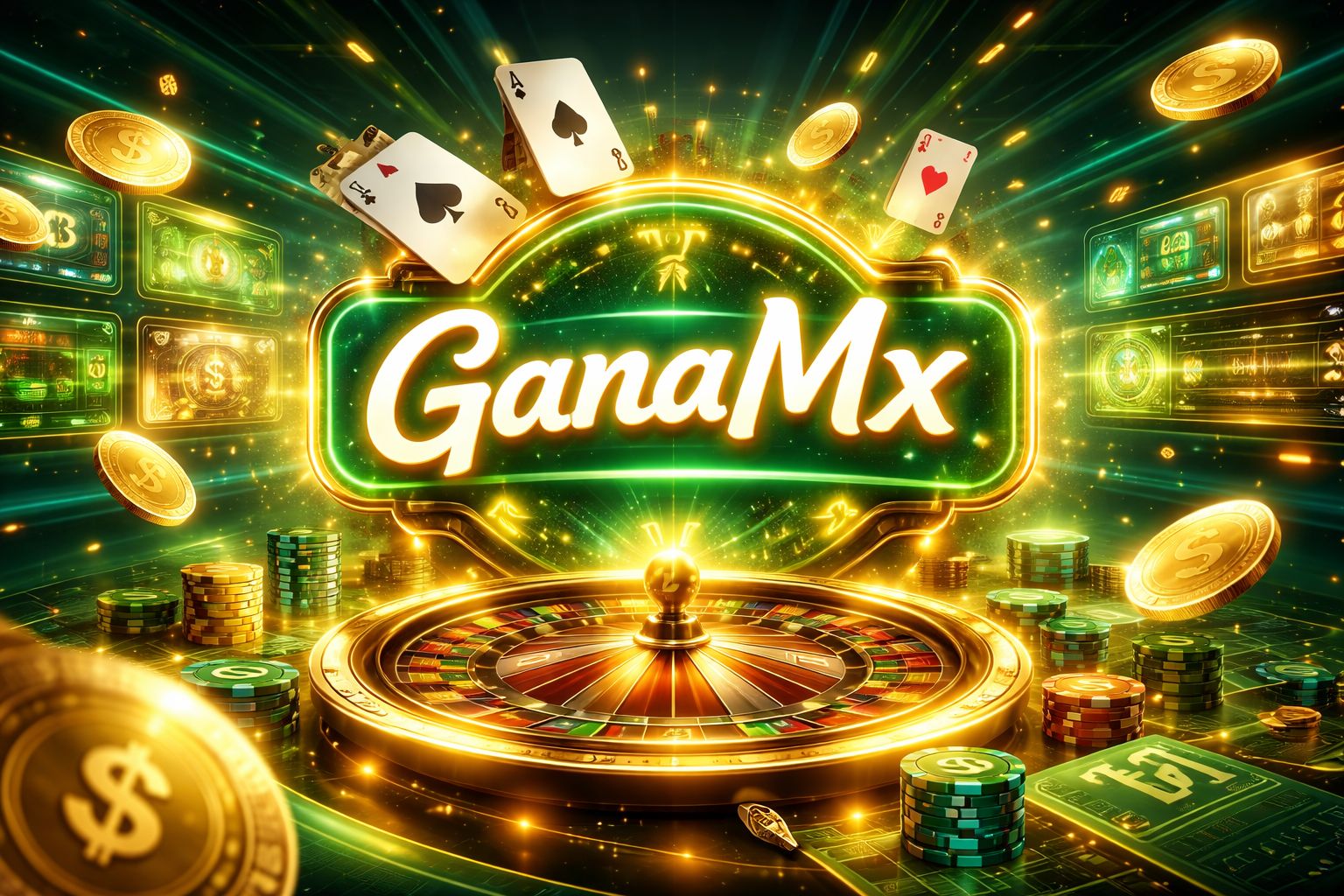 Una escena vibrante de juegos con la marca GanaMx, monedas brillantes, cartas y una atmósfera dinámica de casino para jugadores en México.