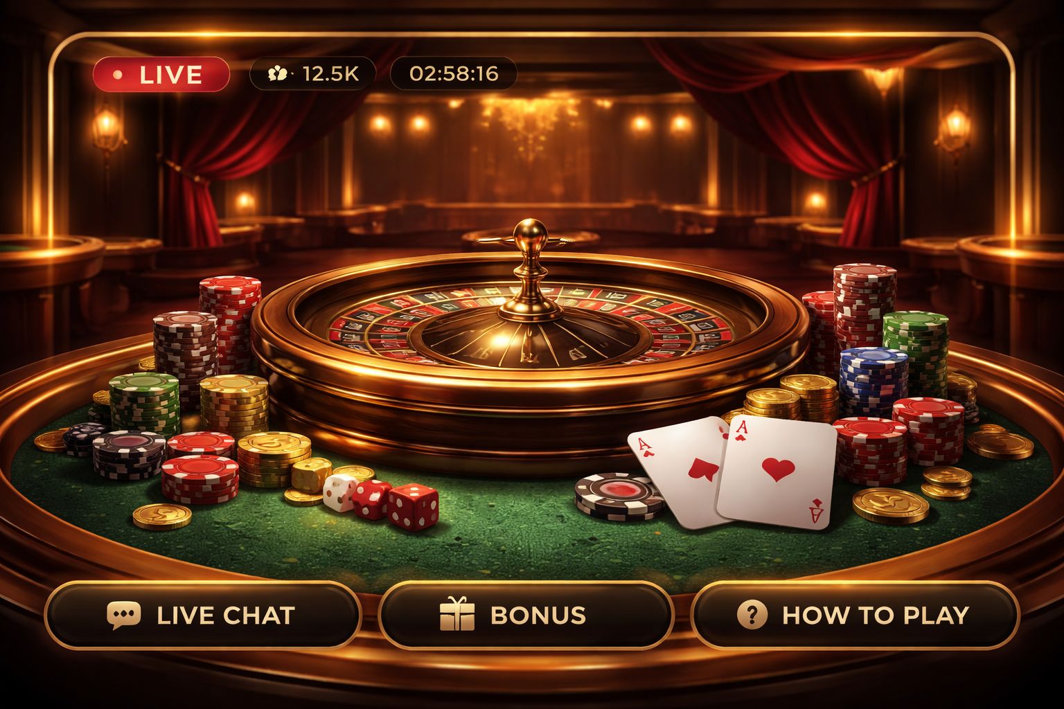 Interfaz pulida de estudio de casino en vivo en GanaMx con cartas, ruleta y presentación premium de mesa.