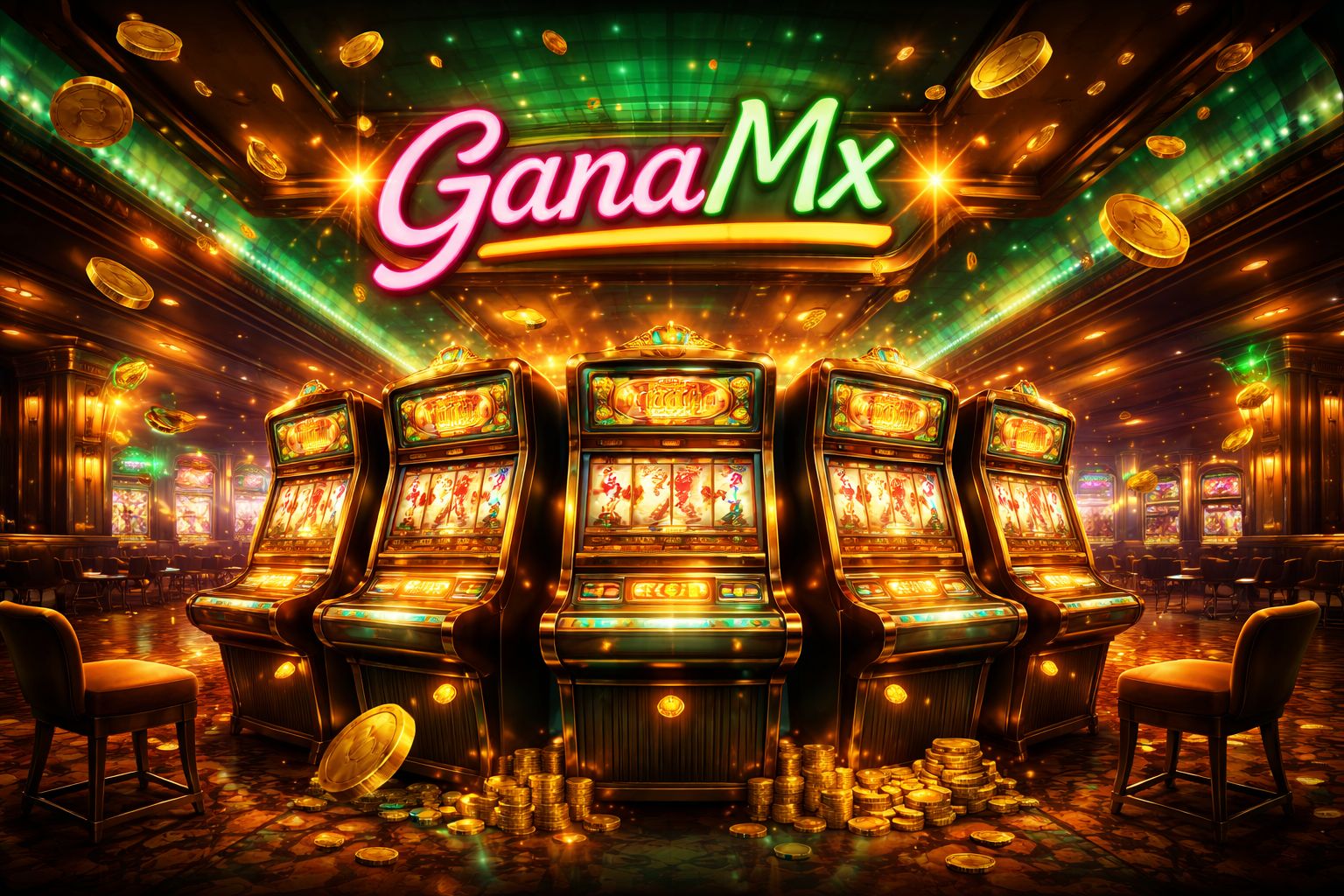 Lobby de tragamonedas GanaMx con carretes brillantes y visuales de casino